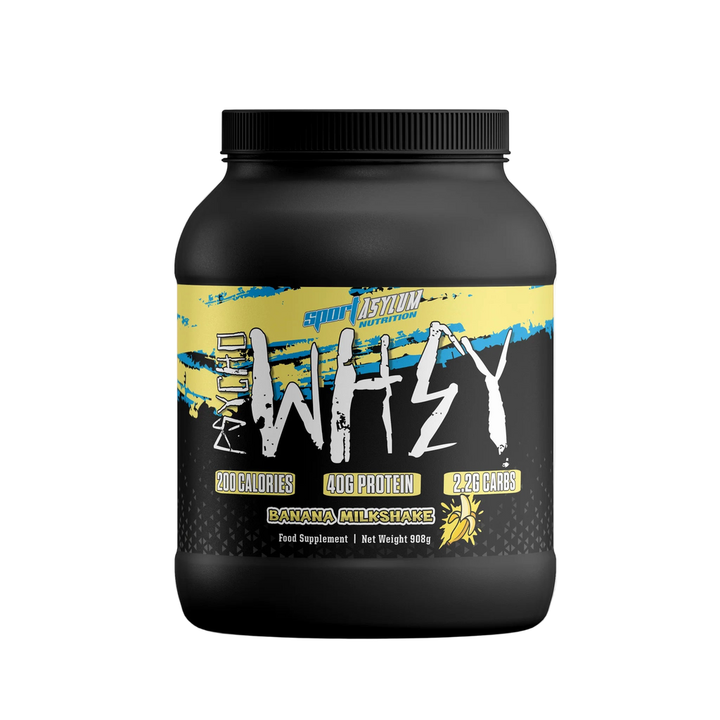 Black protein supplement container with yellow and white label on a white background