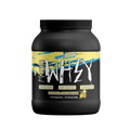 Black protein supplement container with yellow and white label on a white background