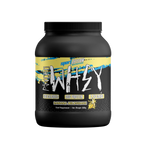 Black protein supplement container with yellow and white label on a white background