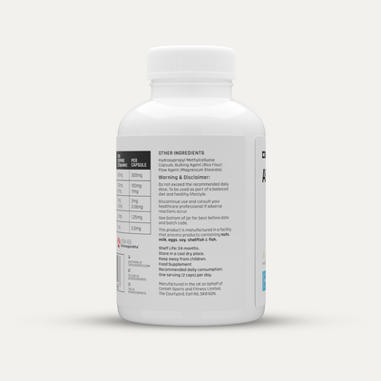 White plastic bottle of Conteh Sports Ashwagandha for improving sleep quality and reducing stress naturally