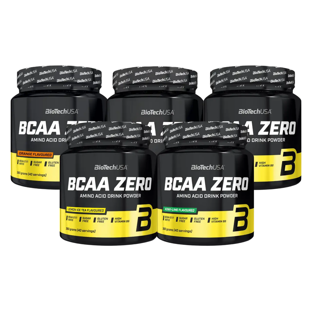 Five BioTech USA BCAA Zero containers with flavors for lean muscle and clean nutrition