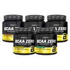 Five BioTech USA BCAA Zero containers with flavors for lean muscle and clean nutrition