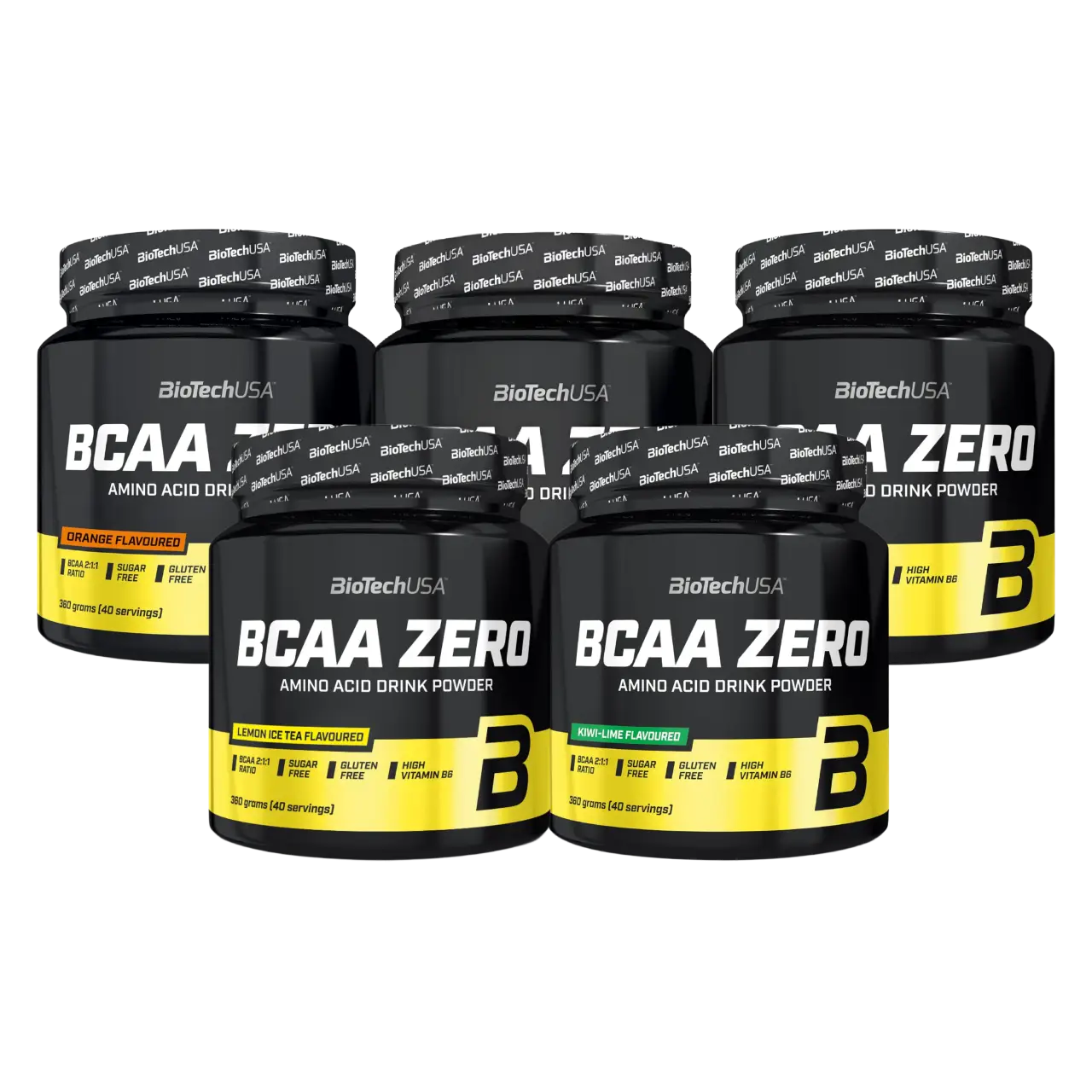 Five BioTech USA BCAA Zero containers with flavors for lean muscle and clean nutrition