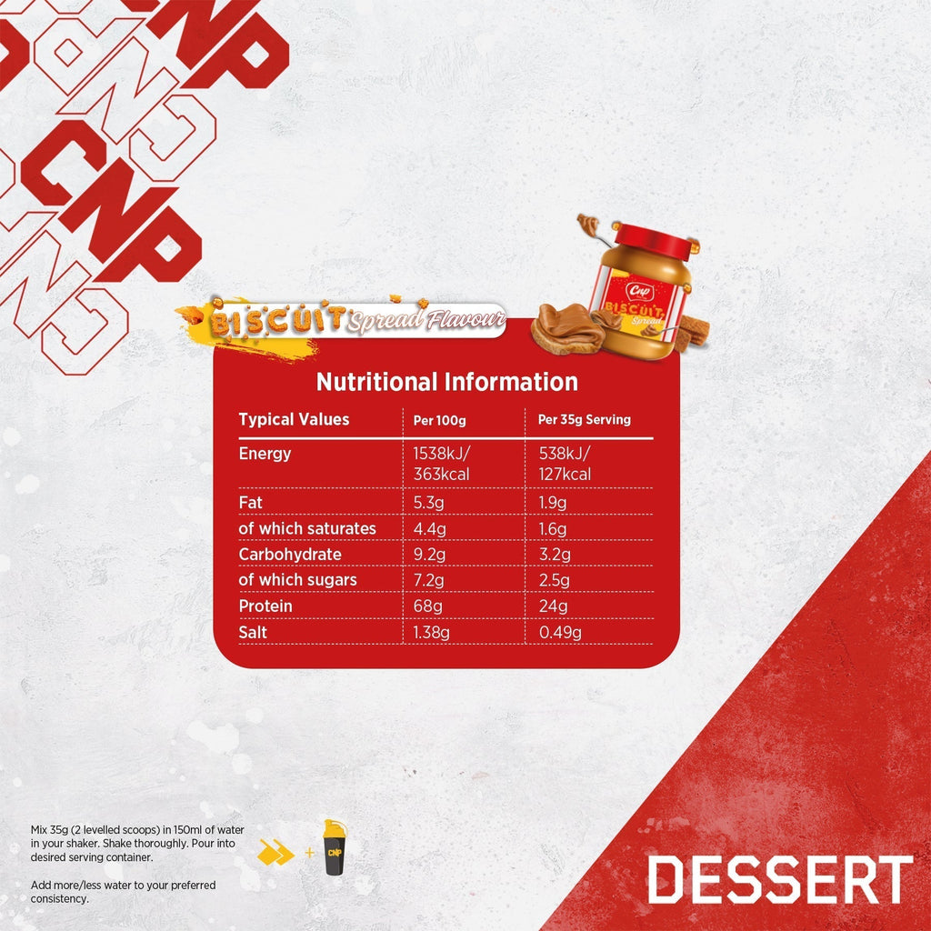 CNP Professional Dessert biscuit spread with nutritional info, guilt-free treat with digestive enzymes