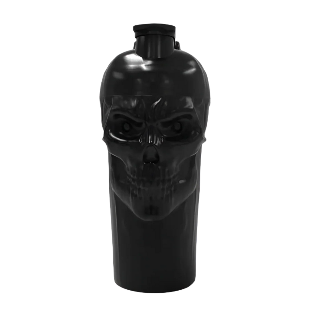 Black skull-shaped liquor bottle from JNX Sports Skull Shaker with bold skull design