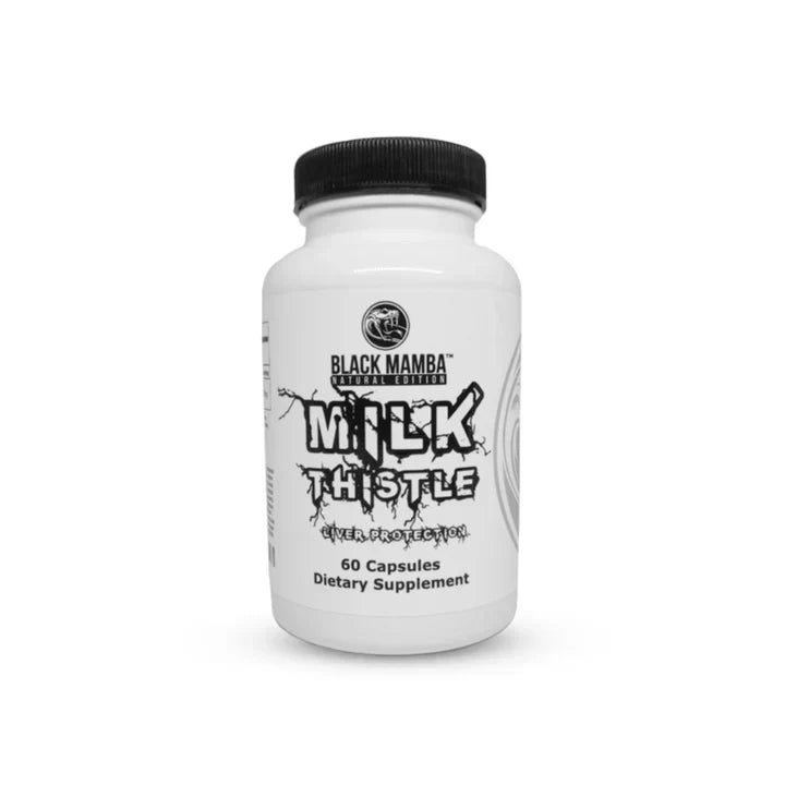 White bottle of Black Mamba Milk Thistle supplement with 60 capsules for liver health