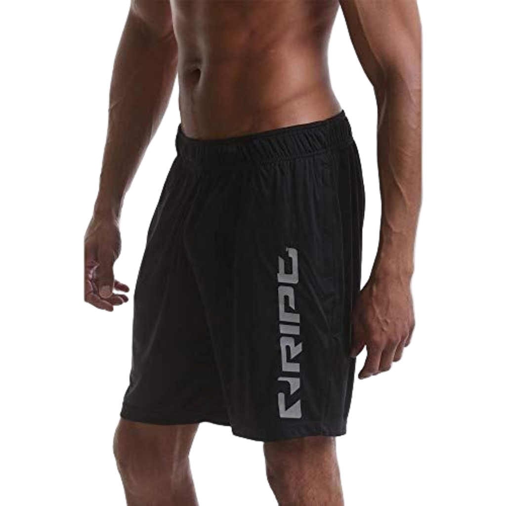 Black athletic shorts with a brand logo on a white background