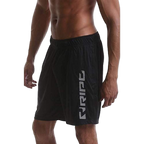 Black athletic shorts with a brand logo on a white background
