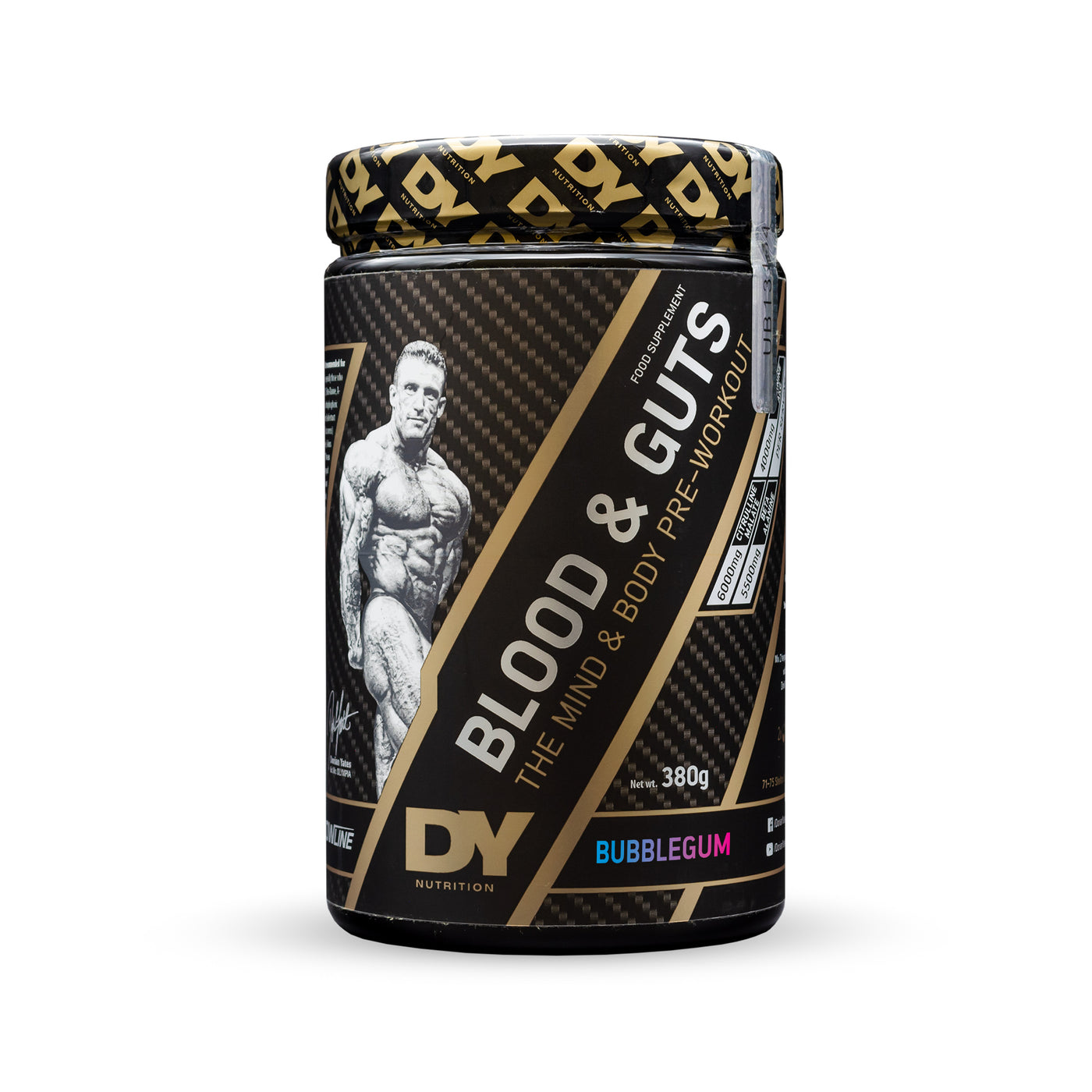 Black and gold DY Nutrition Blood And Guts pre workout with muscular man label