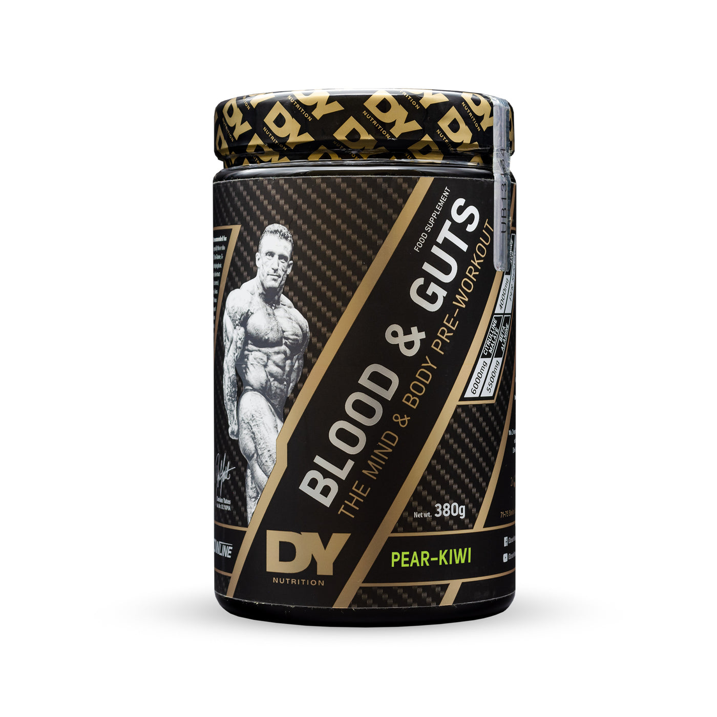 Black and gold DY Nutrition Blood And Guts pre workout in pear-kiwi flavor with blood nutrition vibe