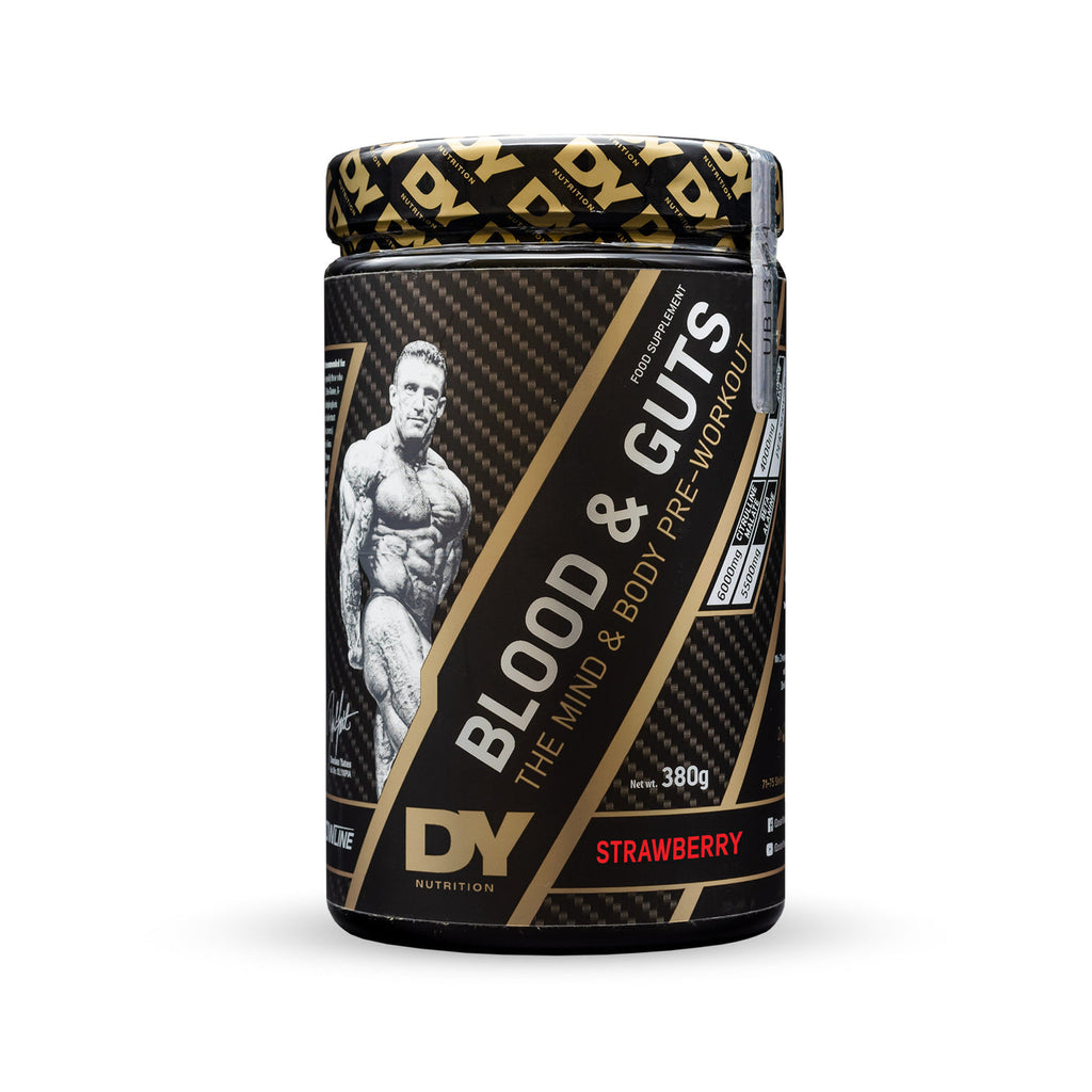 Jar of DY Nutrition Blood And Guts pre workout supplement for blood nutrition