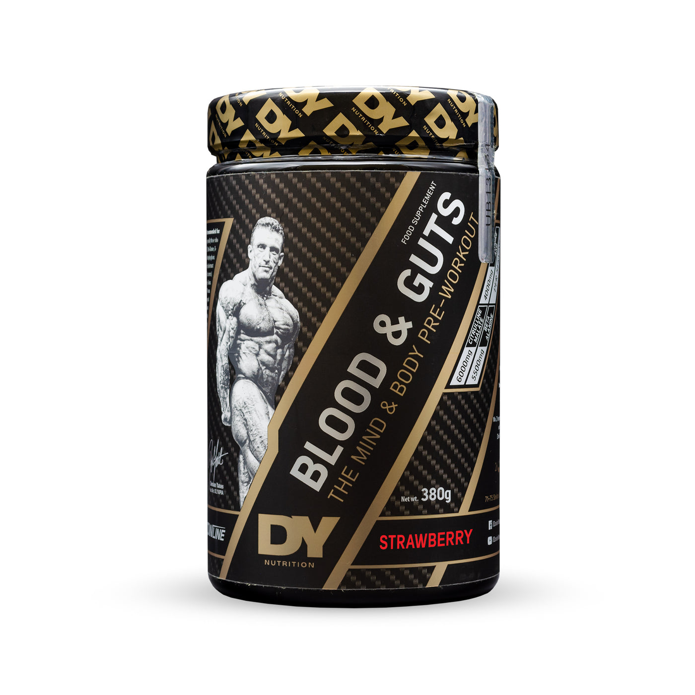 Jar of DY Nutrition Blood And Guts pre workout supplement for blood nutrition