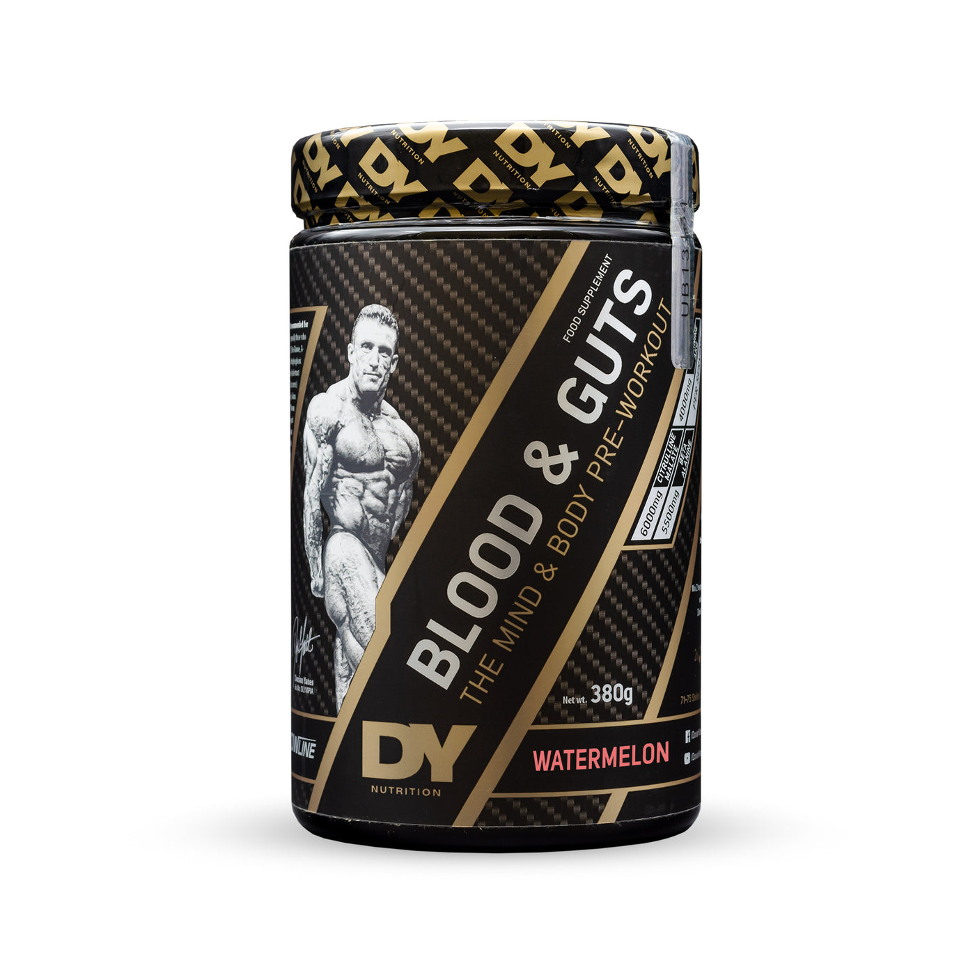 Watermelon-flavored pre workout guts supplement from Dorian Yates Blood Nutrition DY Nutrition