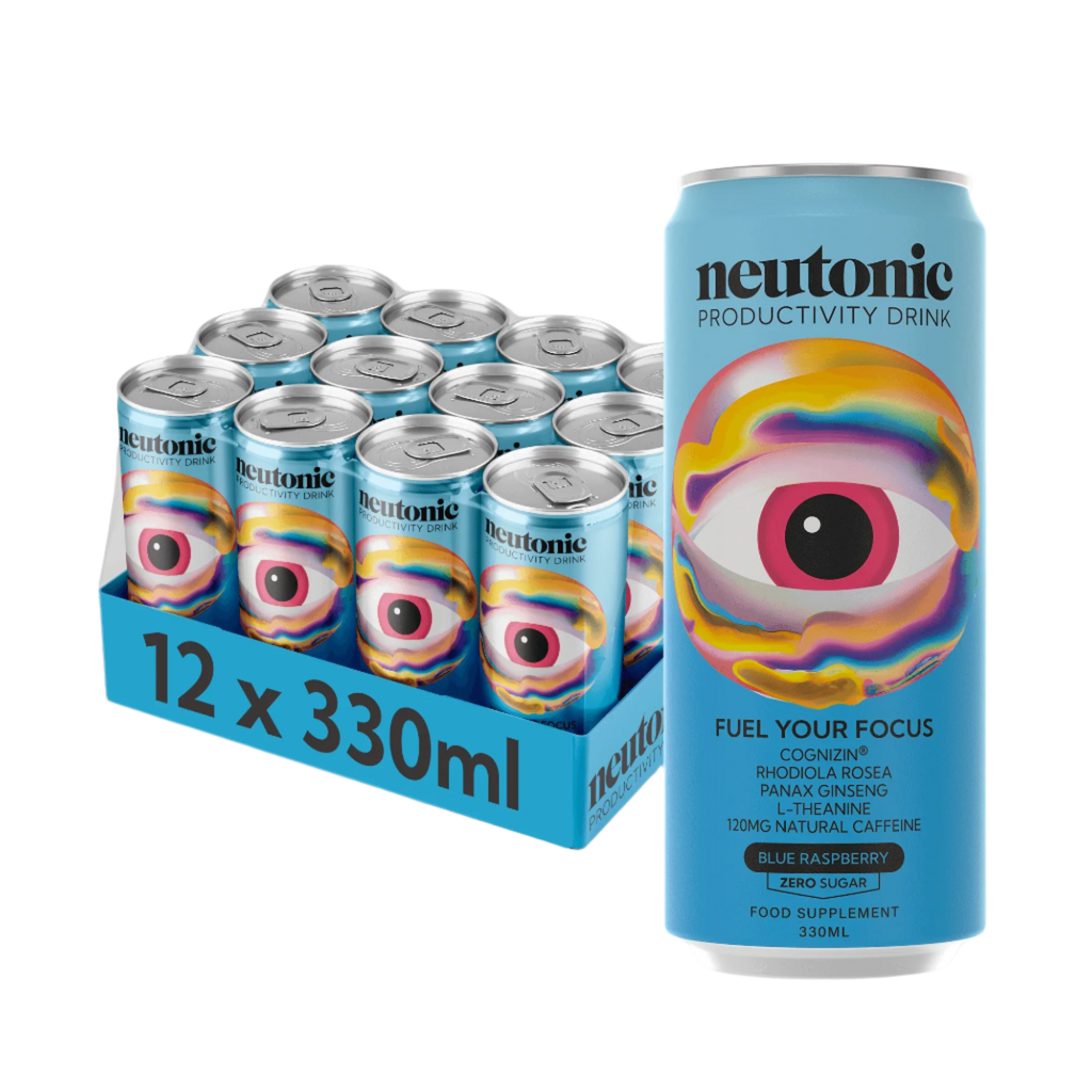 Neutonic productivity drink with colorful eye design, contains Rhodiola Rosea and Panax Ginseng