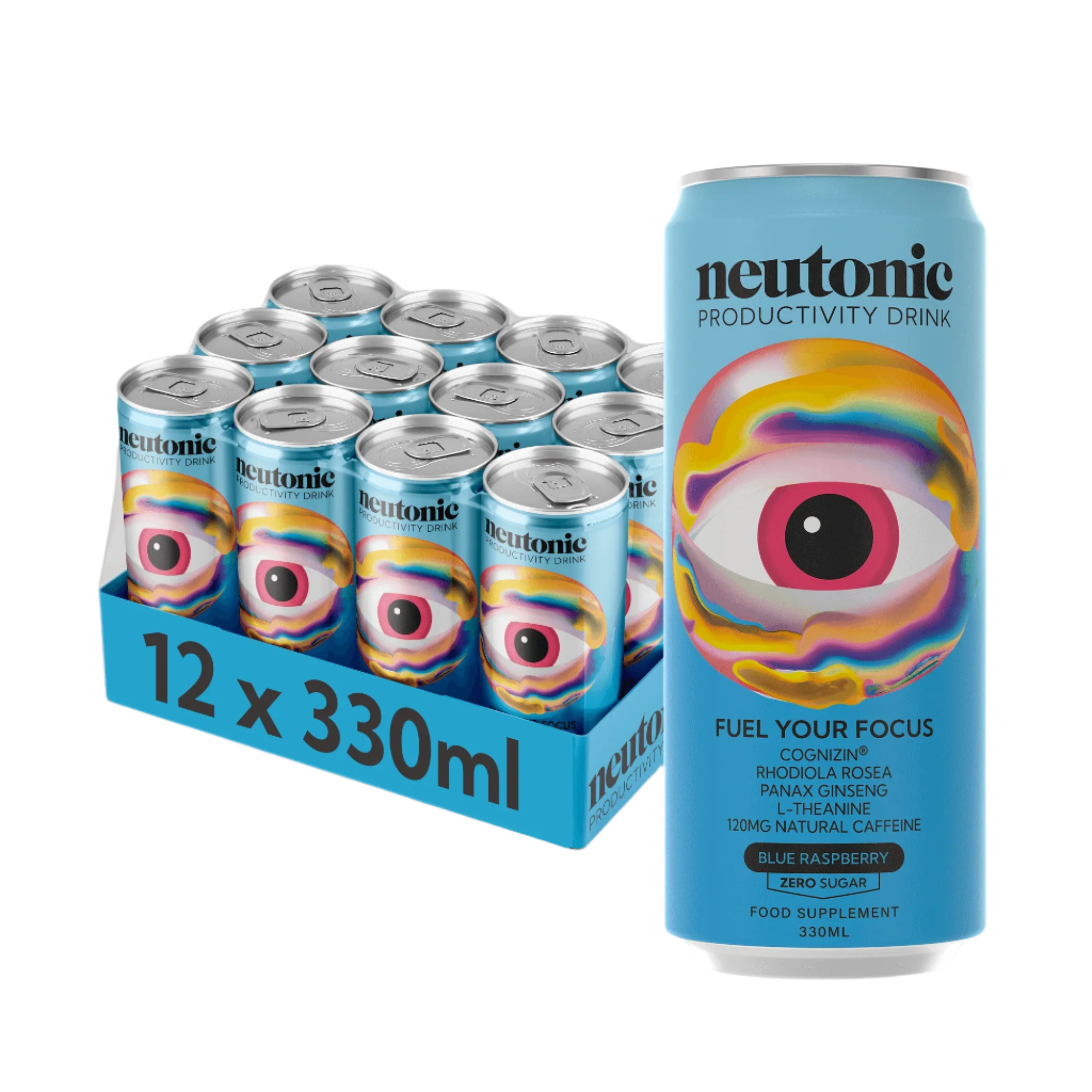 Neutonic productivity drink with colorful eye design, contains Rhodiola Rosea and Panax Ginseng