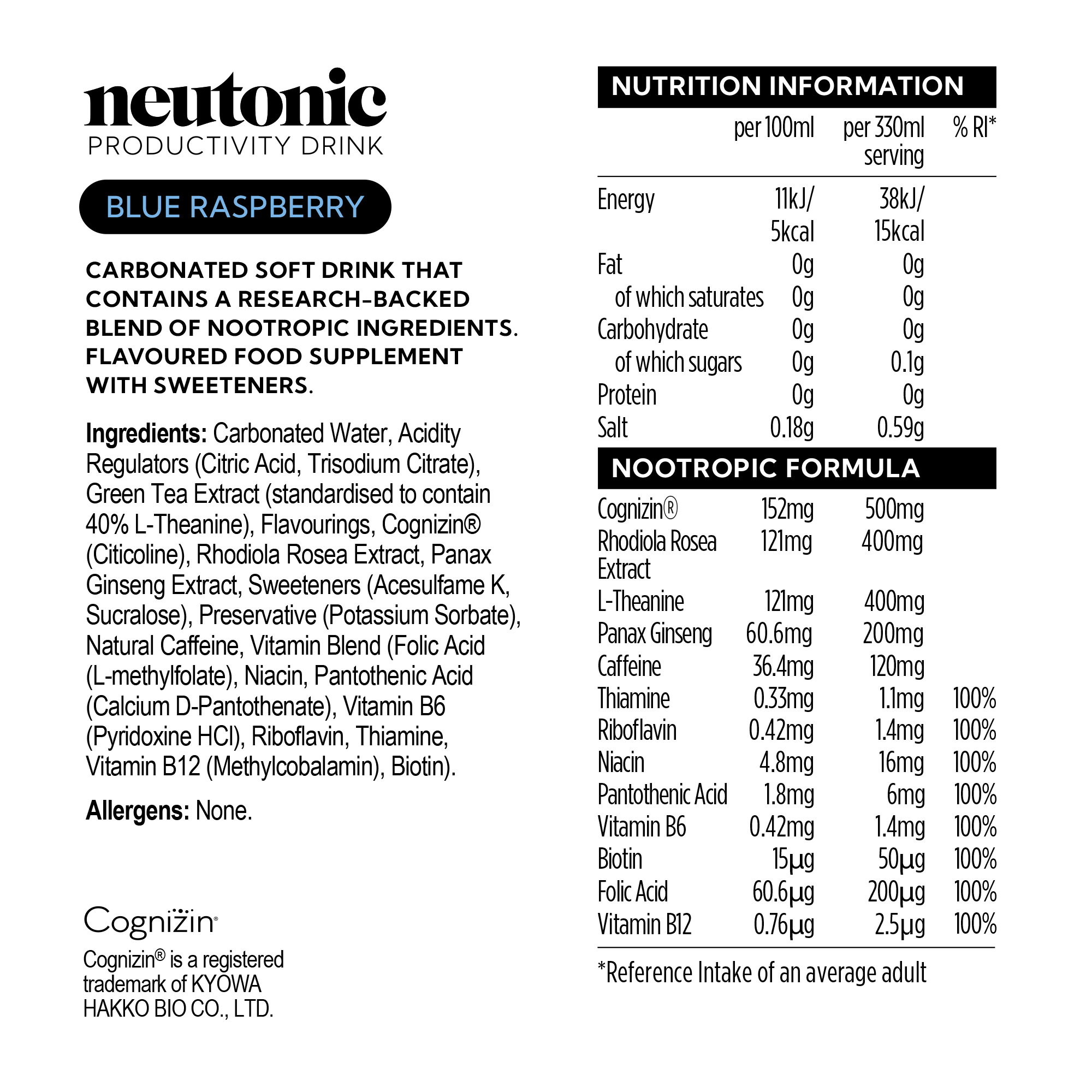 Neutonic Productivity Drink label with blue raspberry flavor, featuring Rhodiola Rosea and Panax Ginseng