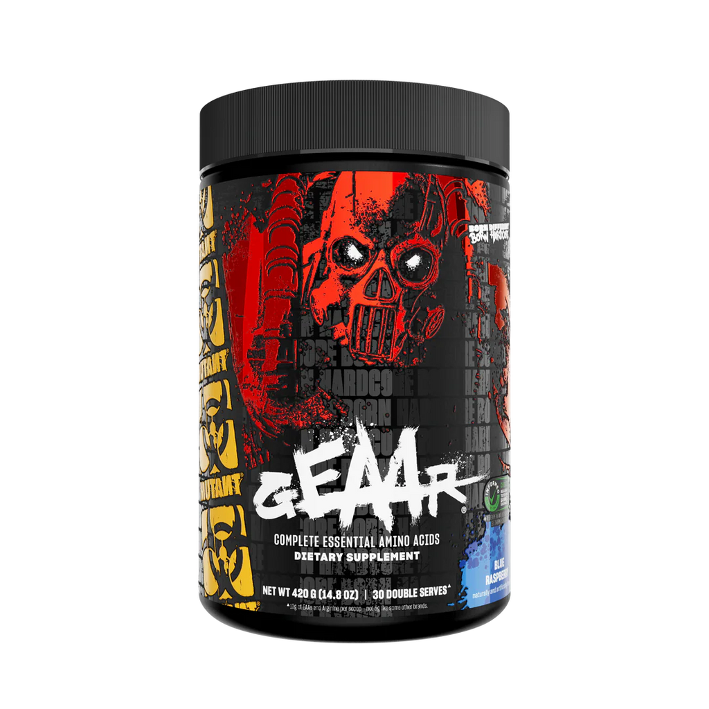 Supplement container with a black and red label featuring a skull design on a white background