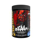 Supplement container with a black and red label featuring a skull design on a white background
