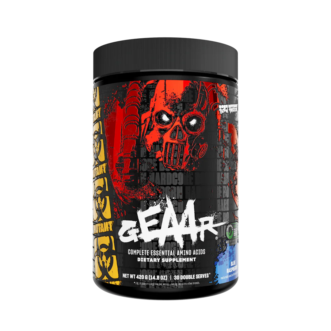 Supplement container with a black and red label featuring a skull design on a white background