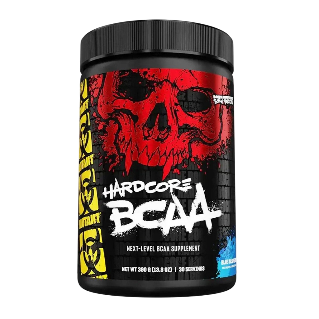 Supplement container with red skull design and 'Hardcore BCAA' text on a white background