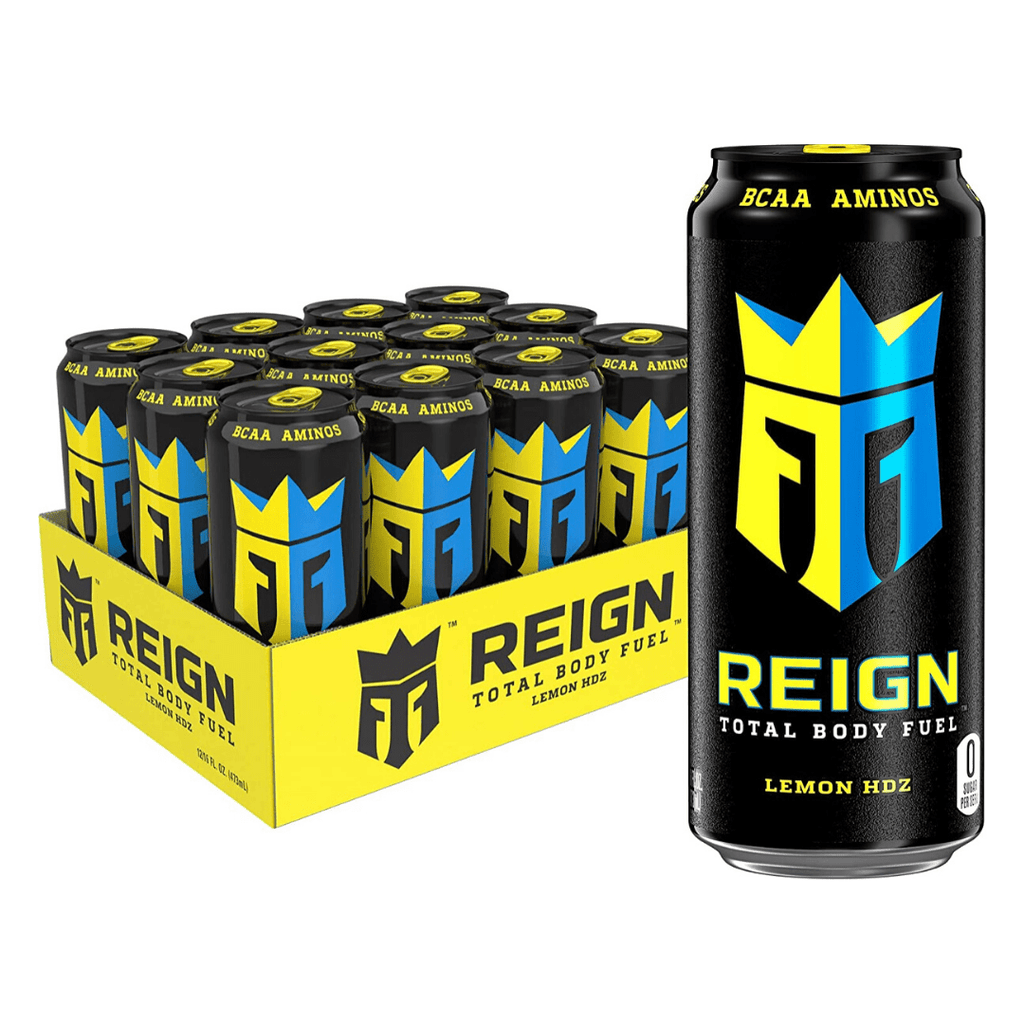 Reign Total Body Fuel energy drink cans with green coffee beans for muscle recovery supports