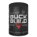 Black and red Bucked Up Buckbuild supplement container for muscle growth and workout boost