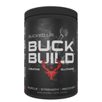 Black and red Bucked Up Buckbuild supplement container for muscle growth and workout boost