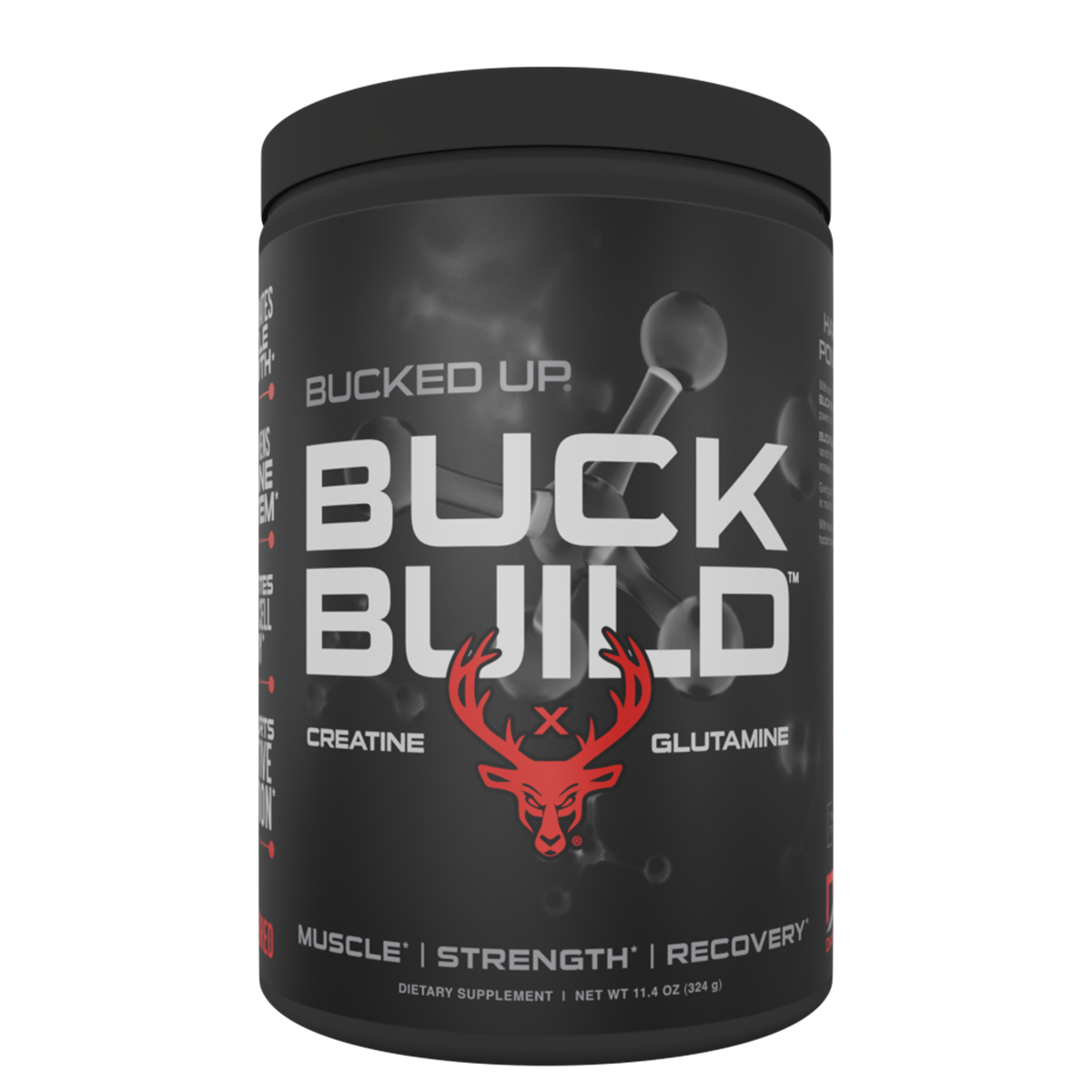 Black and red Bucked Up Buckbuild supplement container for muscle growth and workout boost
