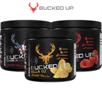 Three bucked up® pre-workout tubs with zero sugar in different flavors for blood flow
