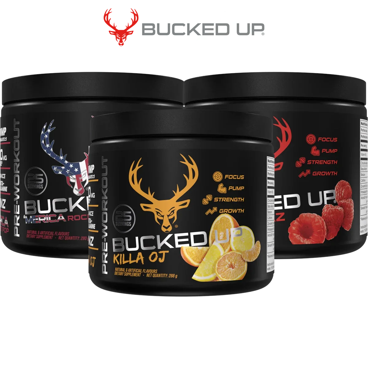 Three bucked up® pre-workout tubs with zero sugar in different flavors for blood flow