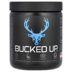 Bucked Up pre-workout supplement container boosting blood flow, zero sugar formula