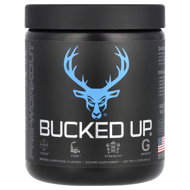 Bucked Up pre-workout supplement container boosting blood flow, zero sugar formula