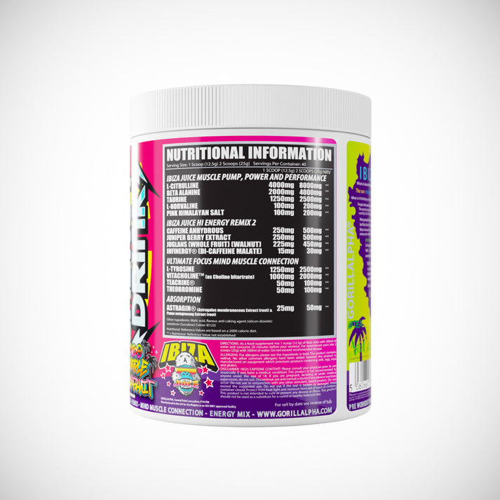 Gorillalpha Ibiza Juice Remix supplement container with nutritional info label