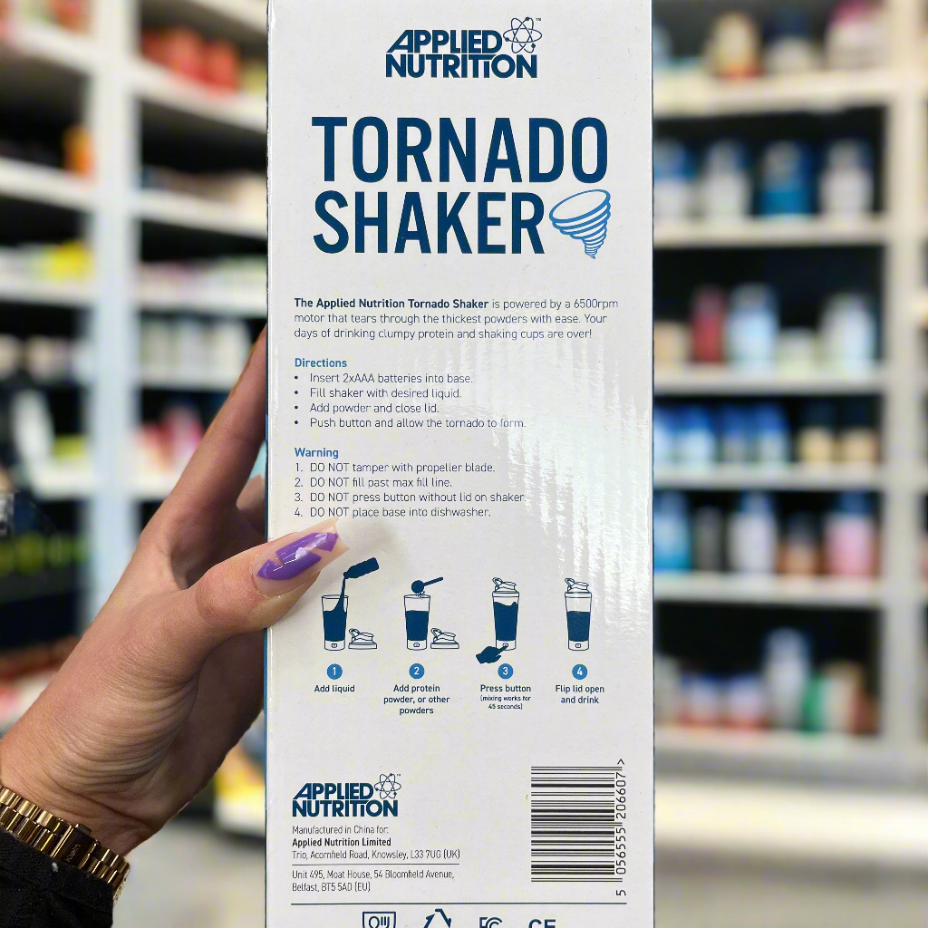 Applied Nutrition Tornado Electric Shaker 700ml box with use directions and warnings