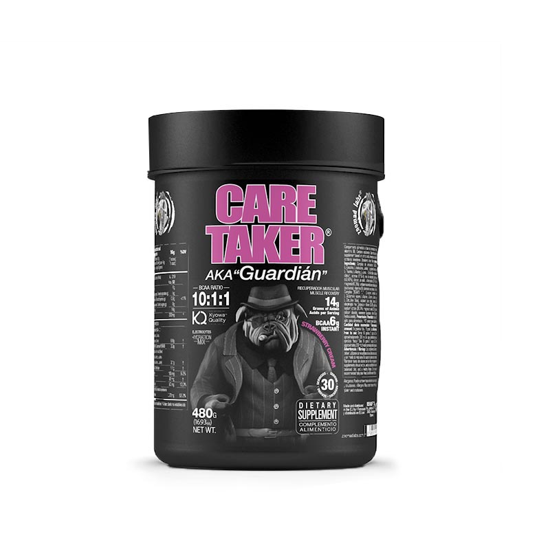 Zoomad Labs Caretaker supplement jar with bulldog illustration, amino acids for muscle mass