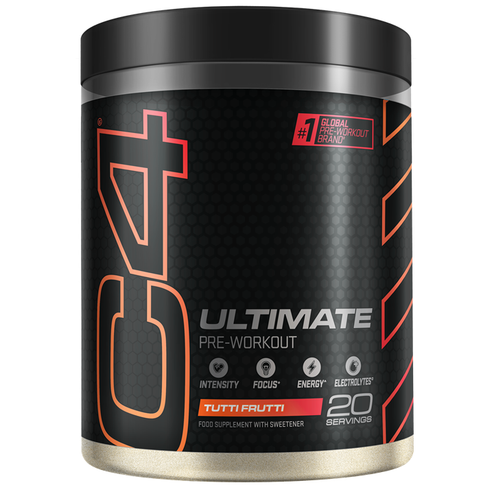 Cellucor C4 Ultimate pre-workout powder in Tutti Frutti flavor with carnosyn beta-alanine