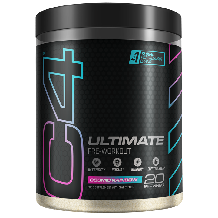 Black Cellucor C4 Ultimate tub with colorful label featuring Carnosyn Beta-Alanine