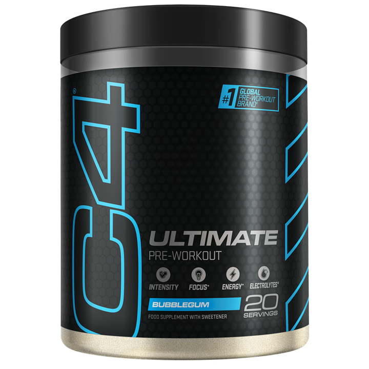 Black and blue Cellucor C4 Ultimate pre-workout tub with Carnosyn beta-alanine flavor
