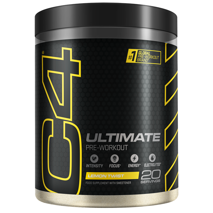 Black and yellow Cellucor C4 Ultimate container with Lemon Twist flavor and Carnosyn beta-alanine