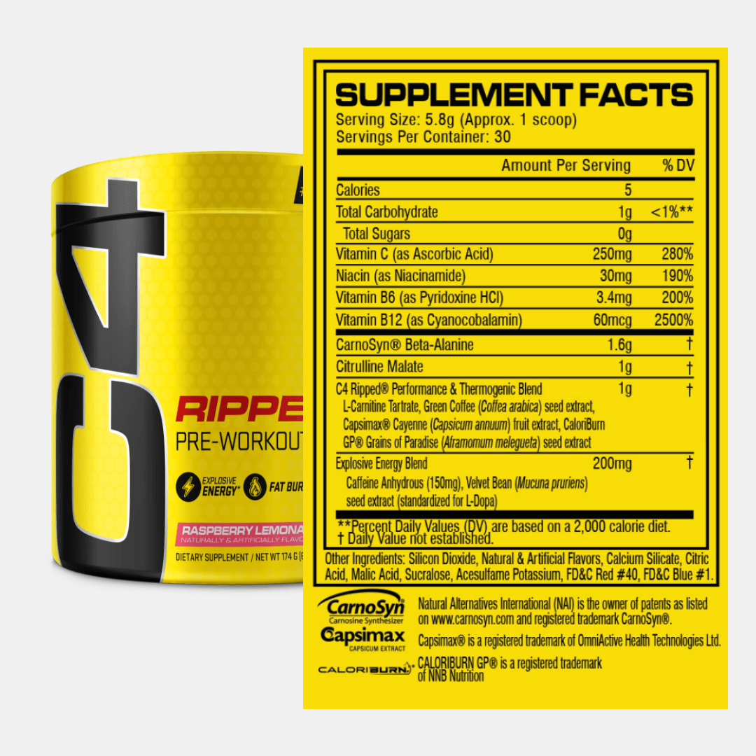 Yellow Cellucor C4 Ripped 30 Servings 180g container with Raspberry Lemonade flavor for explosive energy
