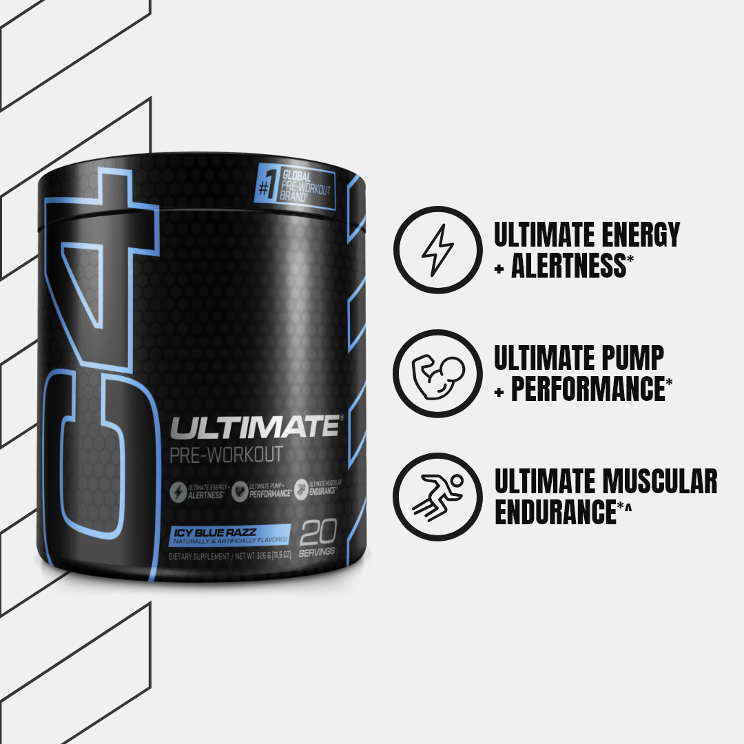 Black Cellucor C4 Ultimate container with blue lettering, featuring Carnosyn Beta-Alanine