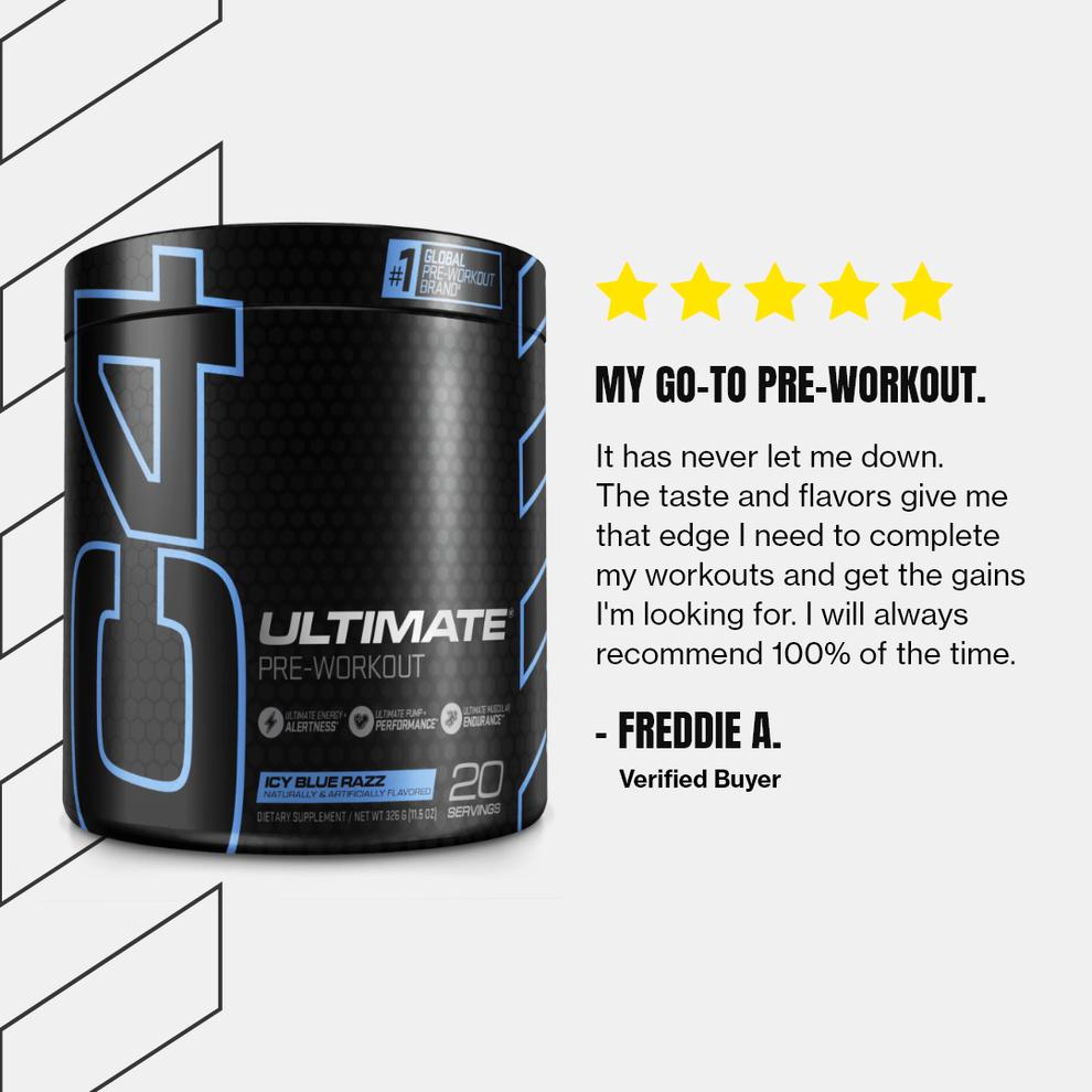 Black Cellucor C4 Ultimate container with blue lettering featuring Carnosyn Beta-Alanine