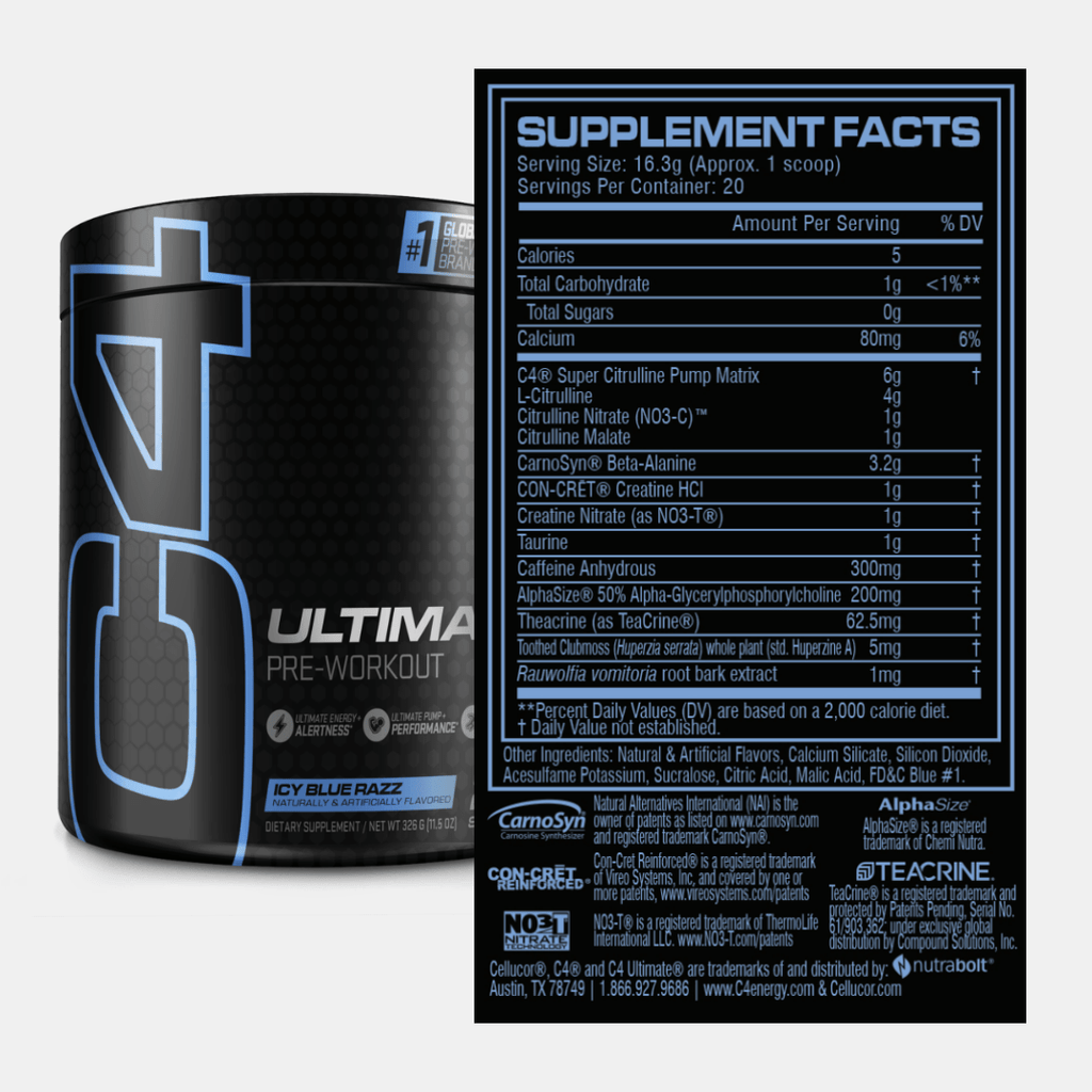 Black Cellucor C4 Ultimate container with blue label and nutrition facts, featuring carnosyn beta-alanine