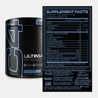 Black Cellucor C4 Ultimate container with blue label and nutrition facts, featuring carnosyn beta-alanine
