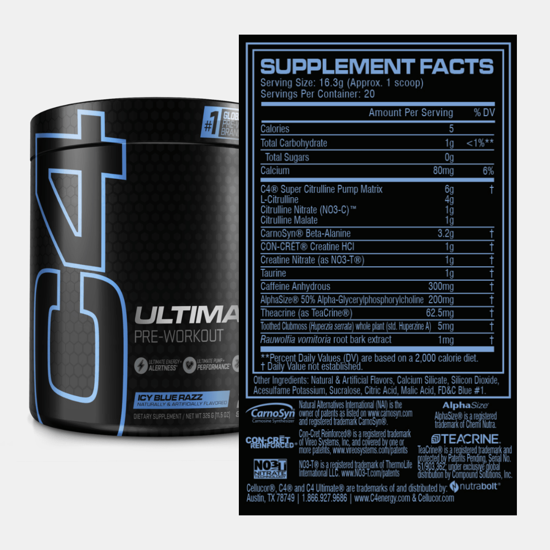 Black Cellucor C4 Ultimate container with blue label and nutrition facts, featuring carnosyn beta-alanine