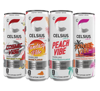 Four Celsius Energy Drink cans with colorful labels for a refreshing fruit-forward vibe