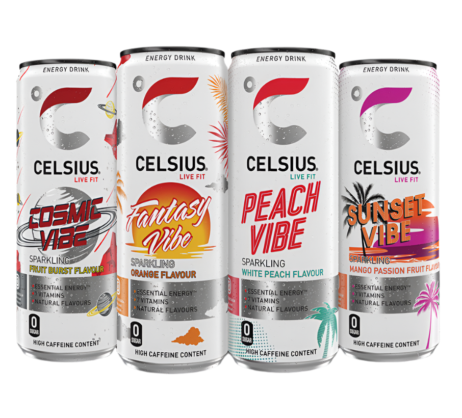 Four Celsius Energy Drink cans with colorful labels for a refreshing fruit-forward vibe