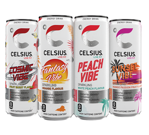 Four Celsius Energy Drink cans with colorful labels for a refreshing fruit-forward vibe