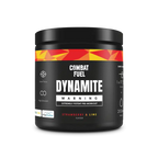 Black Combat Fuel Dynamite Pre-Workout container with red orange geometric pattern