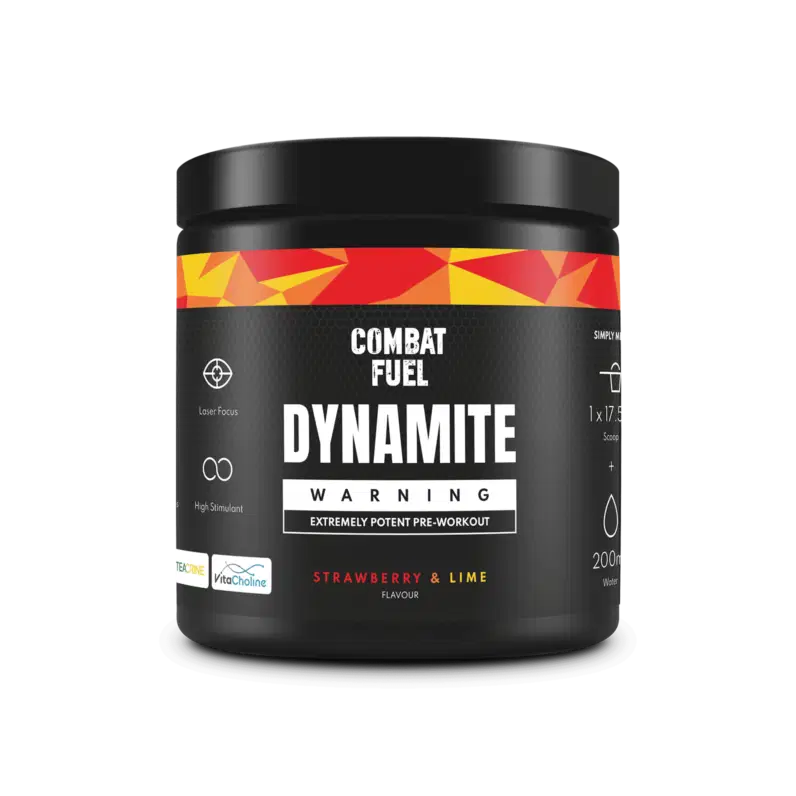 Black Combat Fuel Dynamite Pre-Workout container with red orange geometric pattern